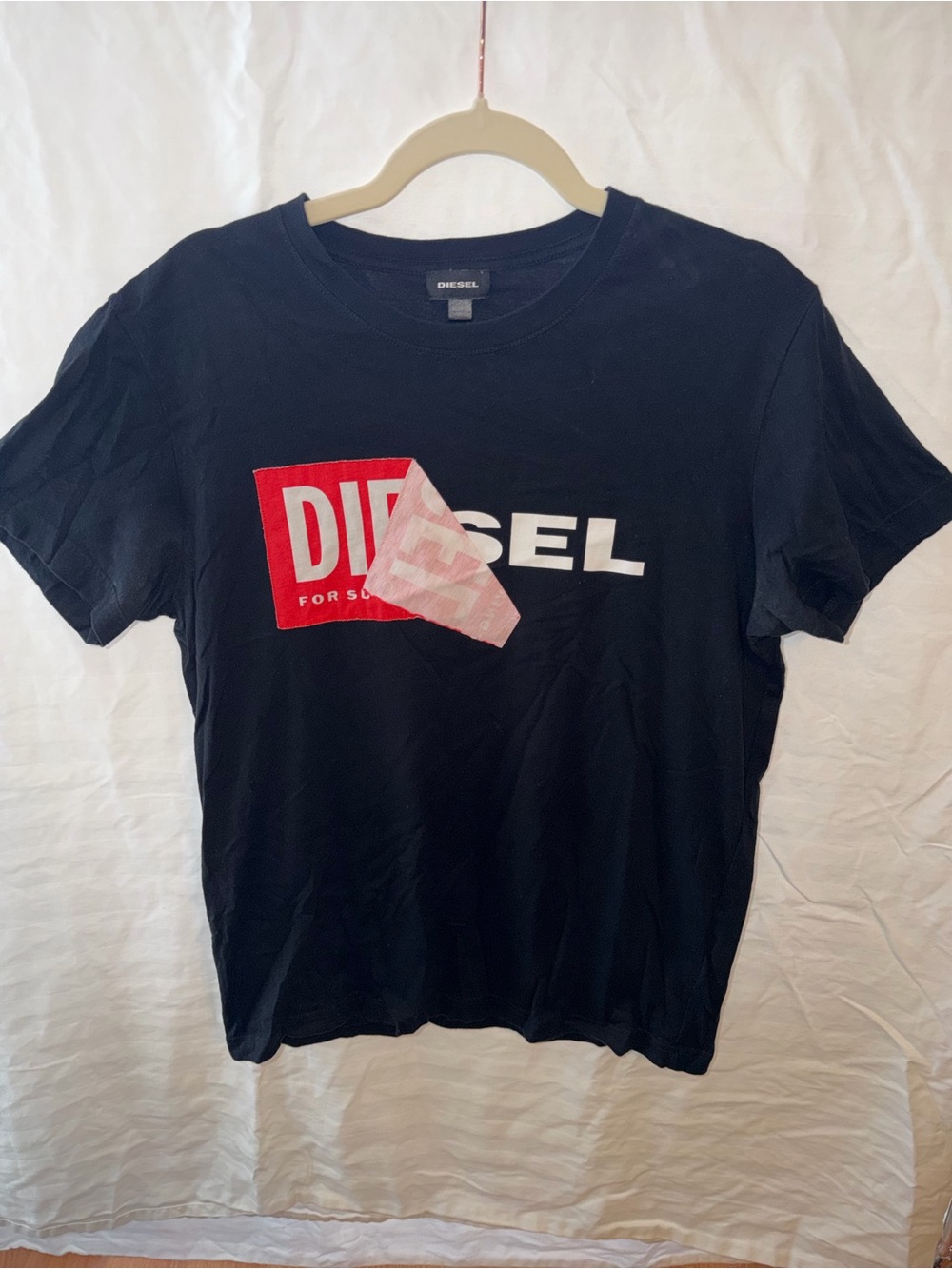 Diesel Black Tee with Red and White Logo Graphic